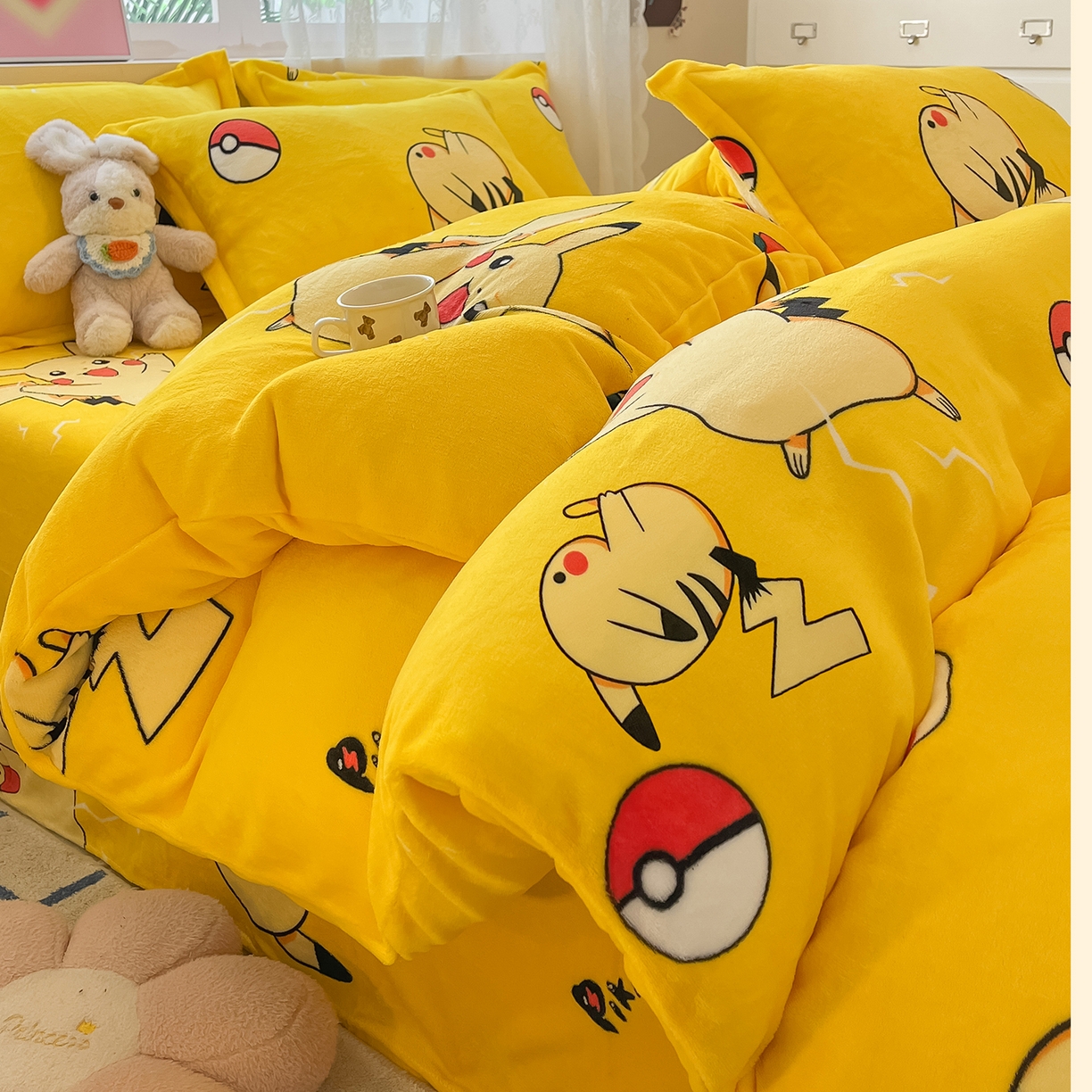 卡斯诺家纺馆 2025新款高克重牛奶绒印花四件套 皮卡丘