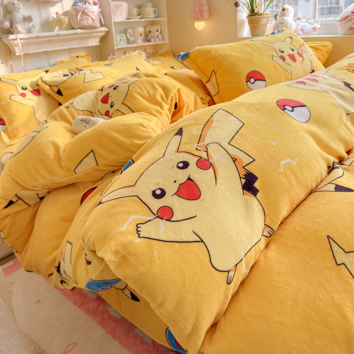 91家纺网 家纺一手货源 找家纺 卡斯诺家纺馆 2025新款高克重牛奶绒印花四件套 皮卡丘