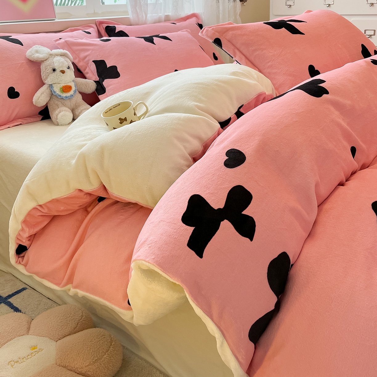 卡斯诺家纺馆 2025新款高克重牛奶绒印花四件套 少女情结