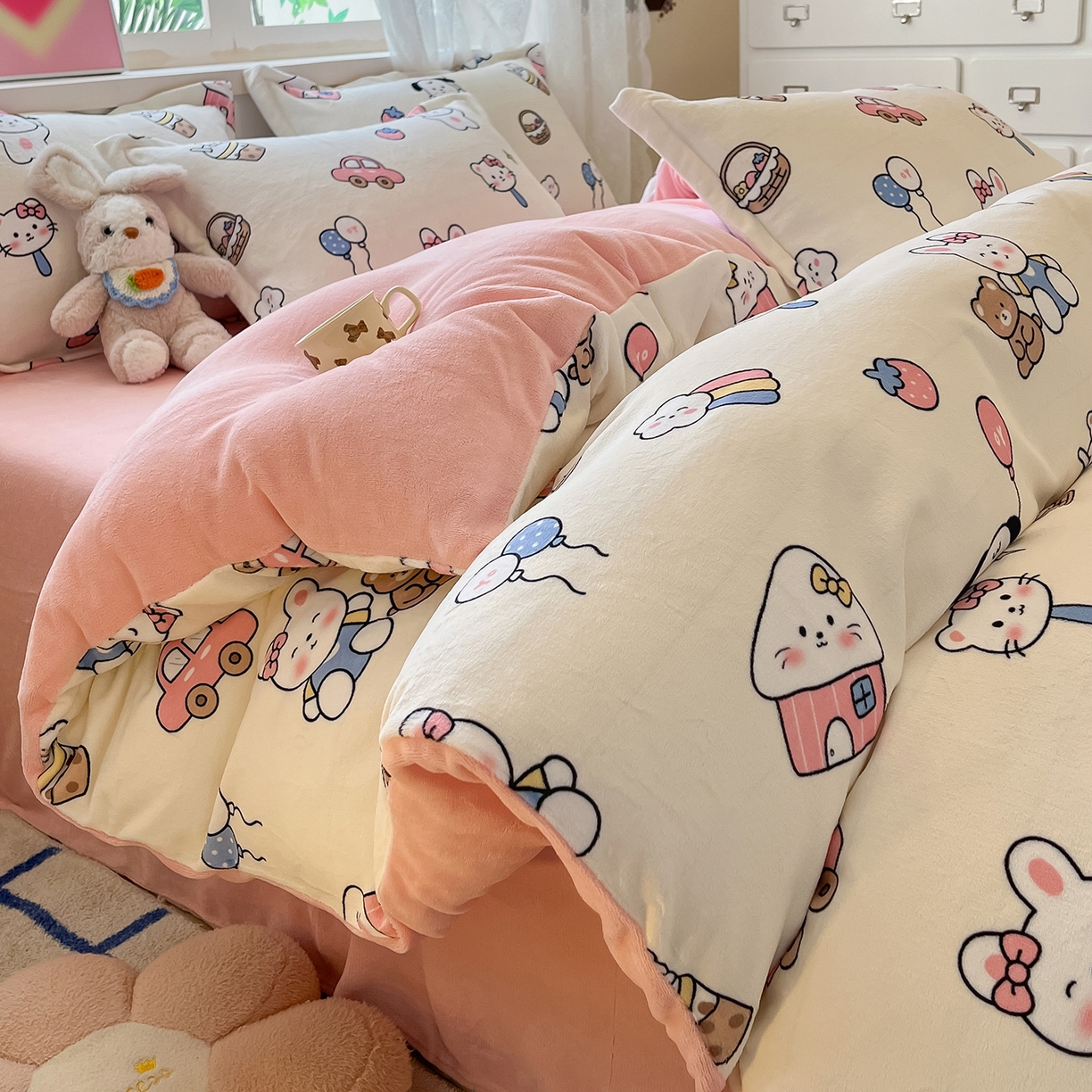 卡斯诺家纺馆 2025新款高克重牛奶绒印花四件套 甜趣时光