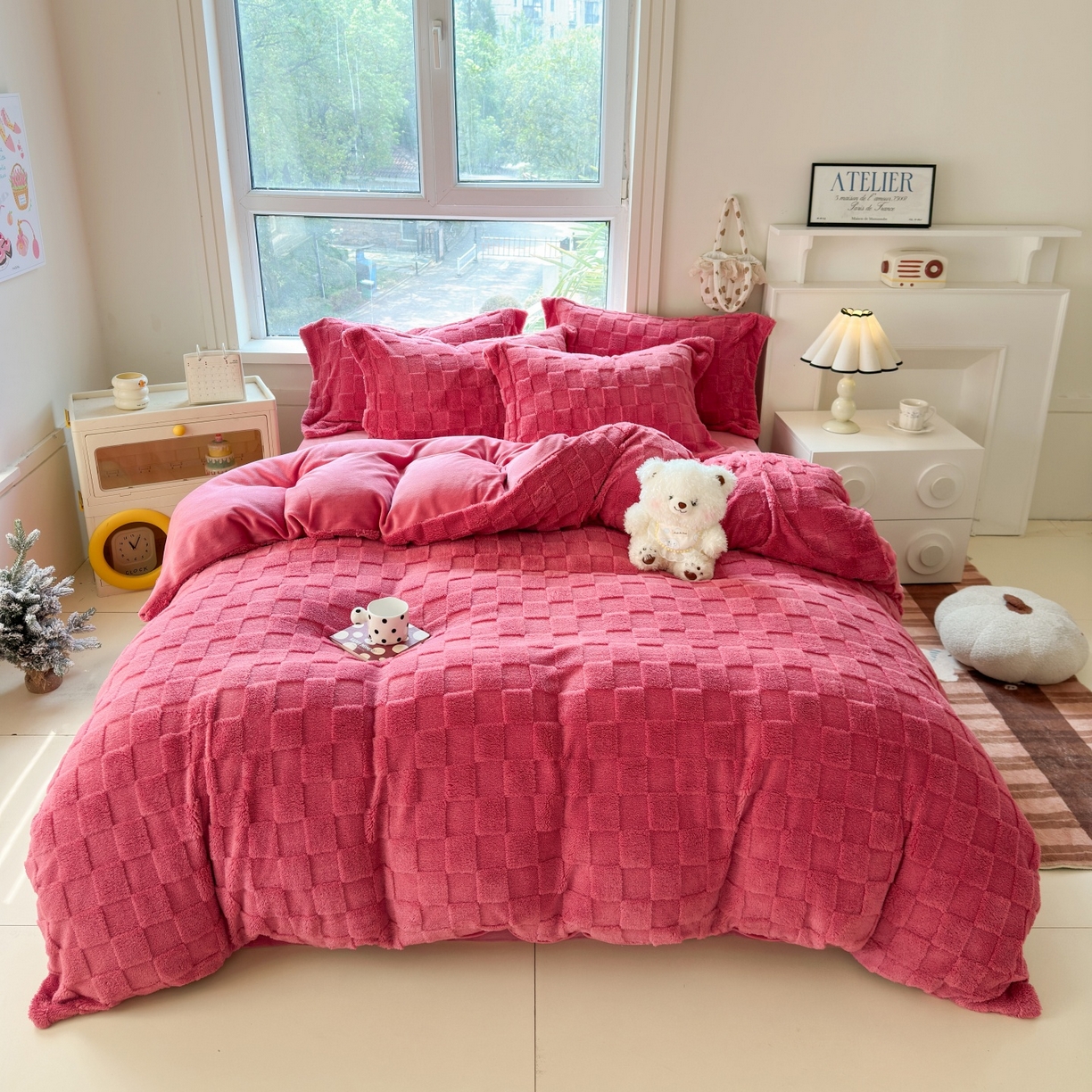 7V 2025新款A类牛奶绒立体格四件套雕花绒夹棉床盖床笠四件套全工艺牛奶绒 玫红