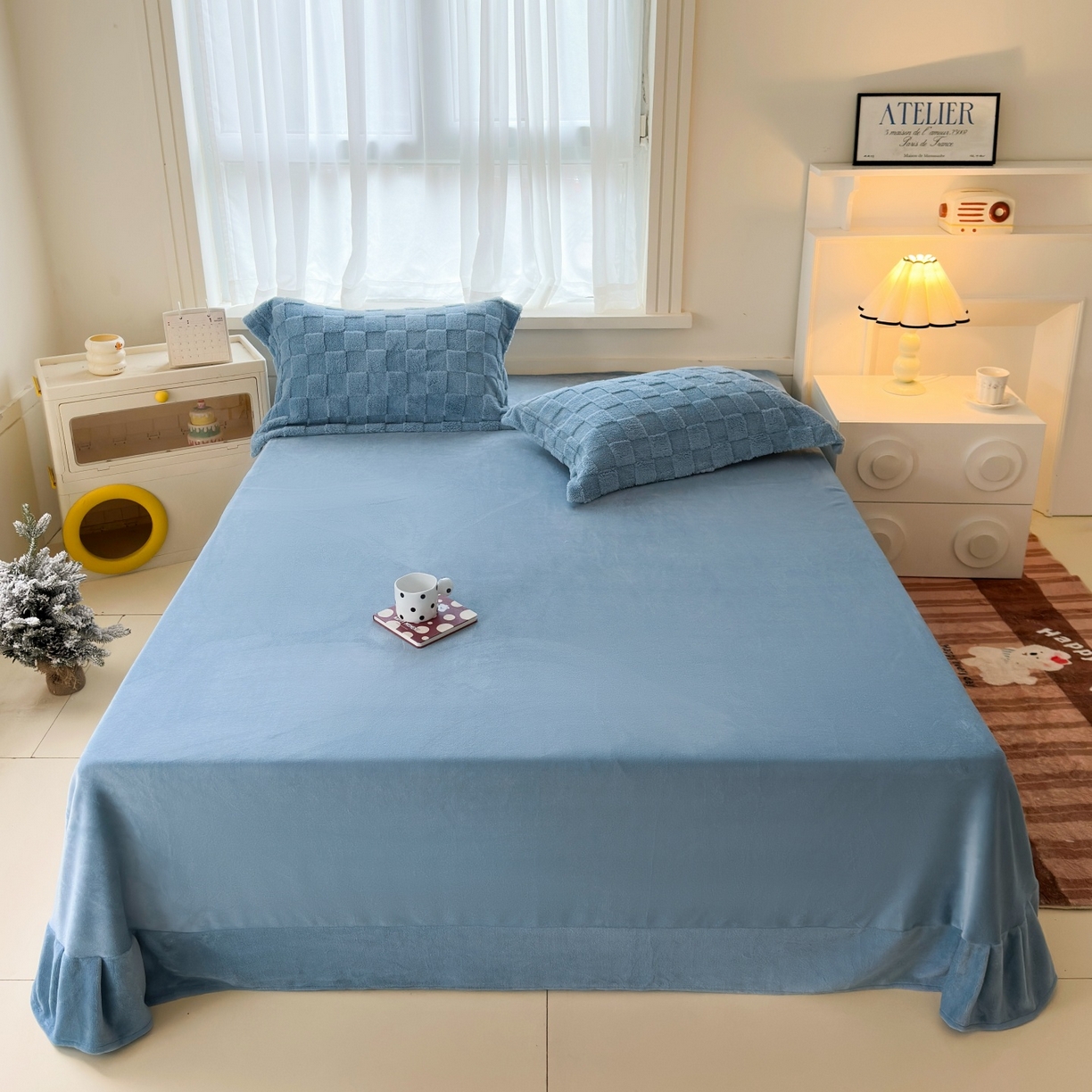 91家纺网 家纺一手货源 找家纺 7V 2025新款A类牛奶绒立体格四件套雕花绒夹棉床盖床笠四件套全工艺牛奶绒 蓝色