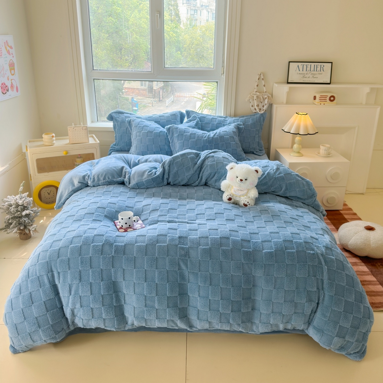 7V 2025新款A类牛奶绒立体格四件套雕花绒夹棉床盖床笠四件套全工艺牛奶绒 蓝色