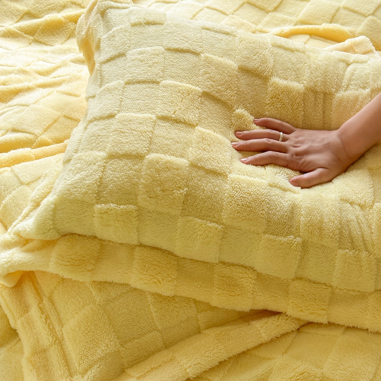 91家纺网 家纺一手货源 找家纺 7V 2025新款A类牛奶绒立体格四件套雕花绒夹棉床盖床笠四件套全工艺牛奶绒 嫩黄