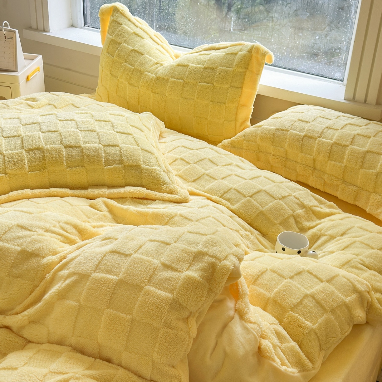 91家纺网 家纺一手货源 找家纺 7V 2025新款A类牛奶绒立体格四件套雕花绒夹棉床盖床笠四件套全工艺牛奶绒 嫩黄