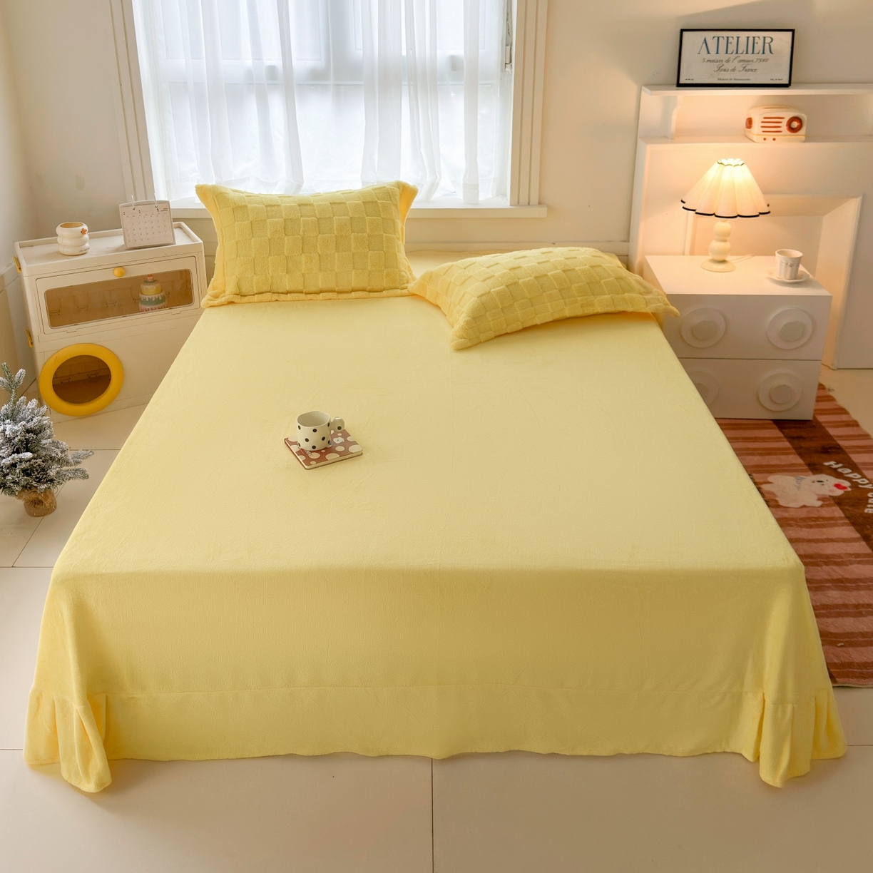 91家纺网 家纺一手货源 找家纺 7V 2025新款A类牛奶绒立体格四件套雕花绒夹棉床盖床笠四件套全工艺牛奶绒 嫩黄