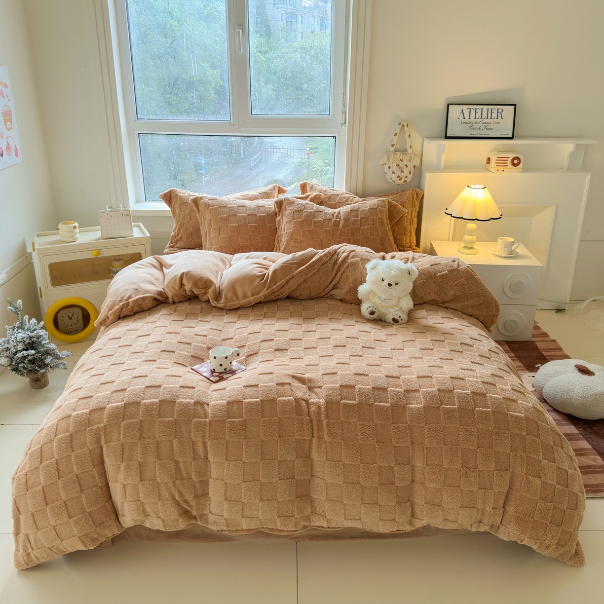 7V 2025新款A类牛奶绒立体格四件套雕花绒夹棉床盖床笠四件套全工艺牛奶绒 驼色