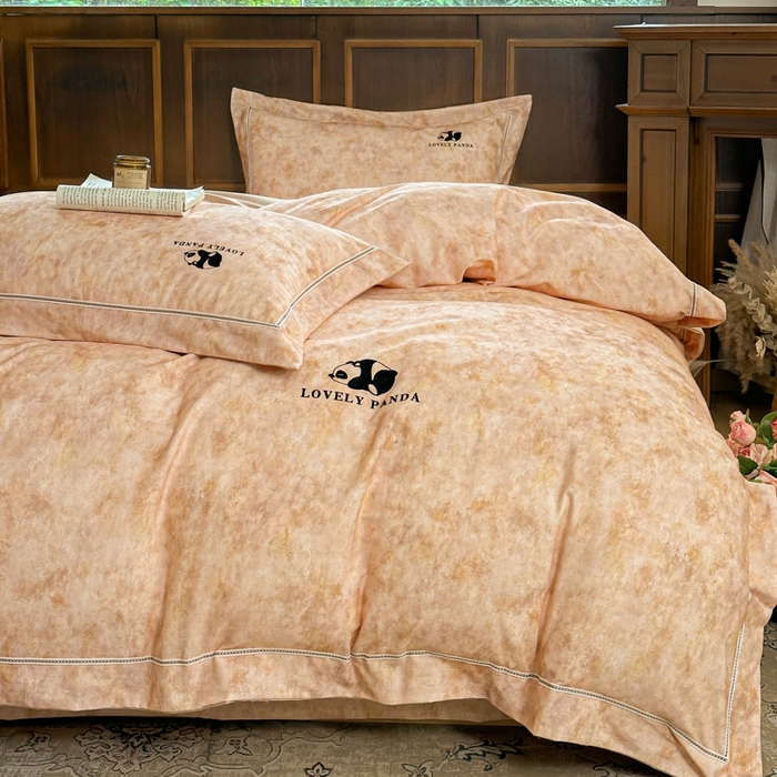 91家纺网 家纺一手货源 找家纺 舒慕家纺 2025新款长绒棉磨毛全棉磨毛四件套 熊猫-橘