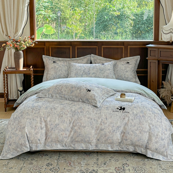 91家纺网 家纺一手货源 找家纺 舒慕家纺 2025新款长绒棉磨毛全棉磨毛四件套 熊猫-蓝