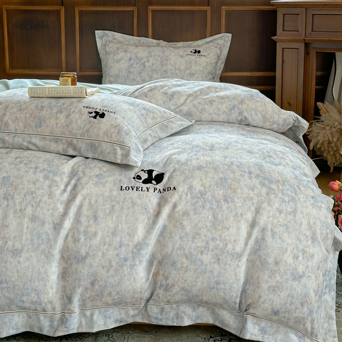 91家纺网 家纺一手货源 找家纺 舒慕家纺 2025新款长绒棉磨毛全棉磨毛四件套 熊猫-蓝