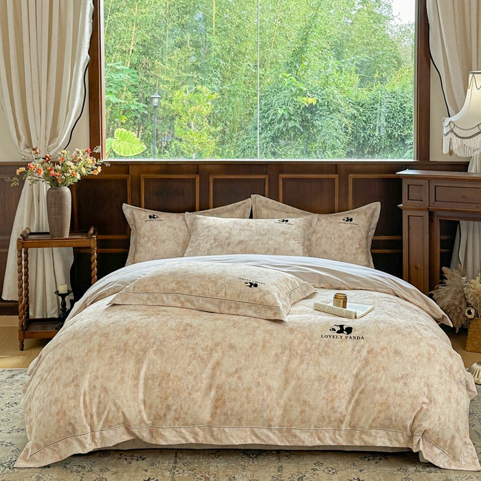 91家纺网 家纺一手货源 找家纺 舒慕家纺 2025新款长绒棉磨毛全棉磨毛四件套 熊猫-驼