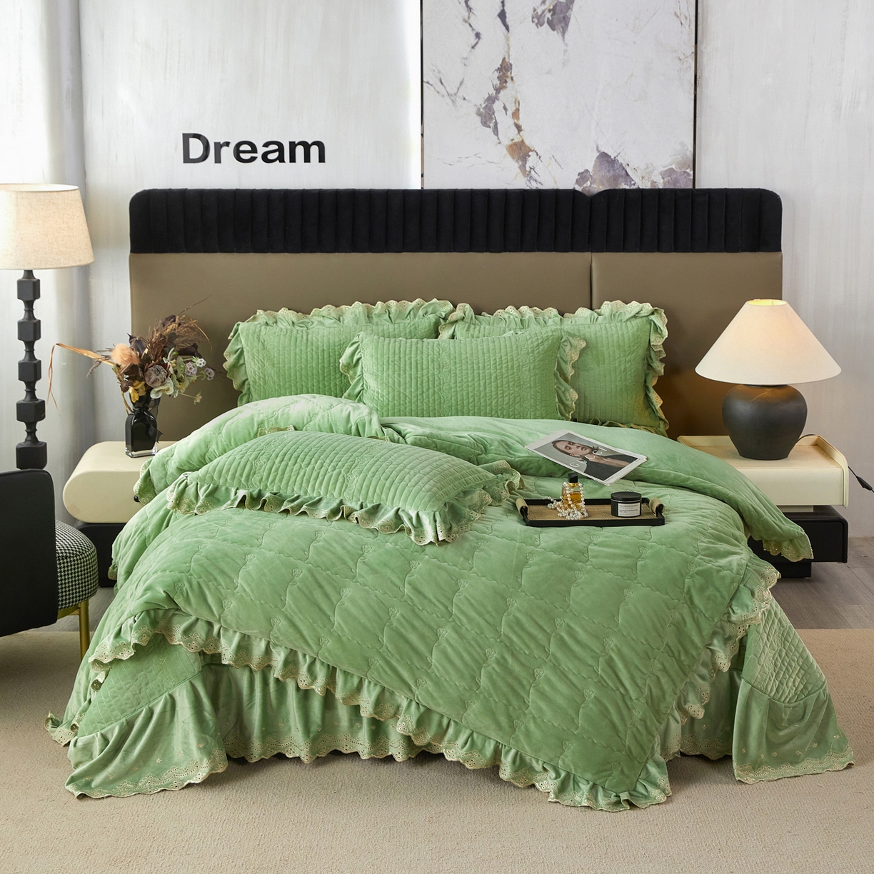 91家纺网 家纺一手货源 找家纺 青竹苑 2025新款婴儿绒宝宝绒玫瑰刺绣版床盖款四件套 慕达-绿