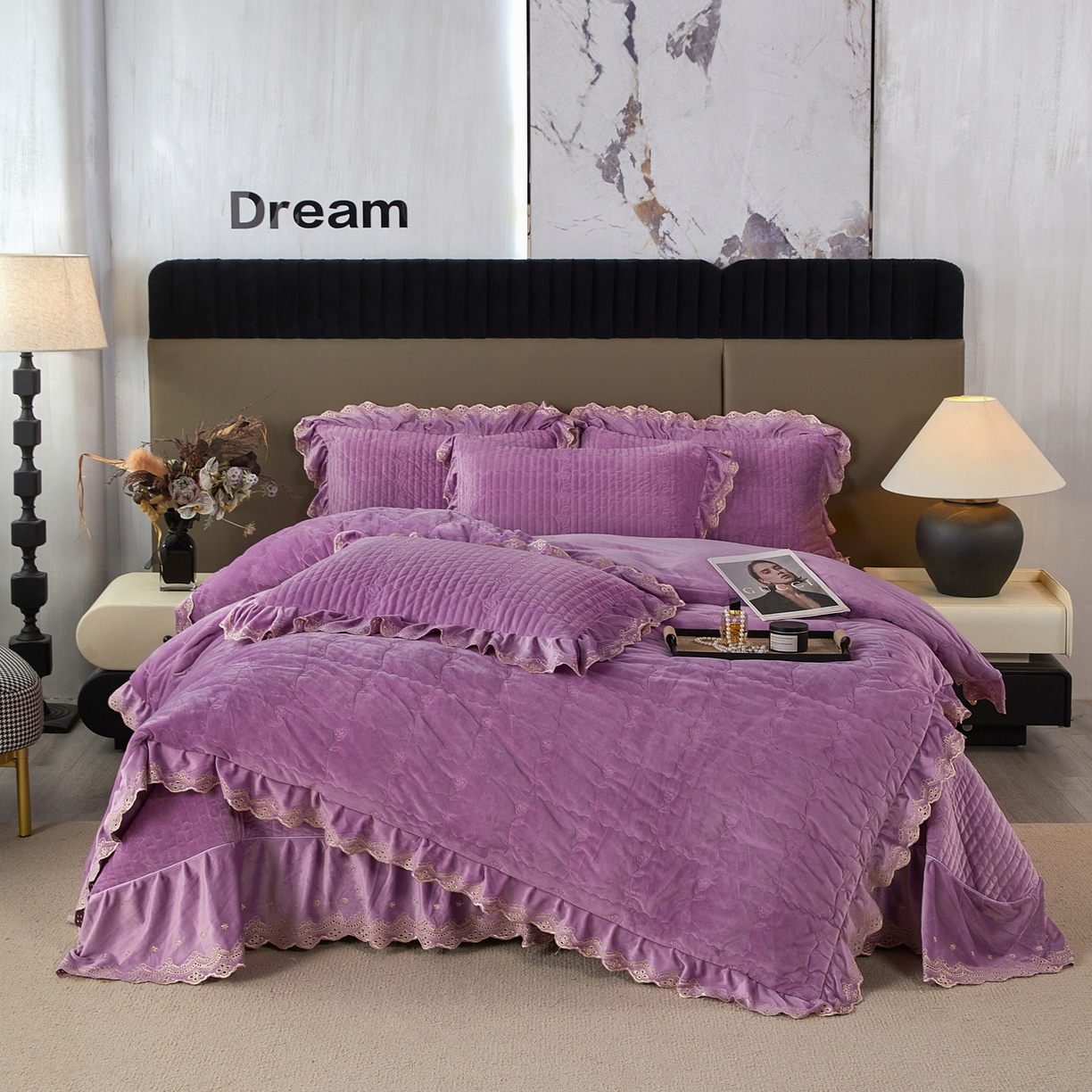 91家纺网 家纺一手货源 找家纺 青竹苑 2025新款婴儿绒宝宝绒玫瑰刺绣版床盖款四件套 慕达-紫