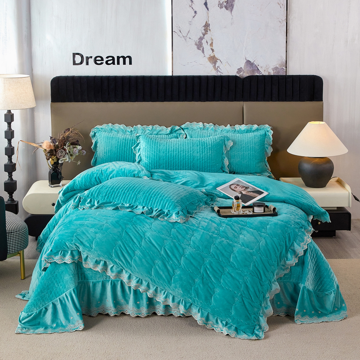 91家纺网 家纺一手货源 找家纺 青竹苑 2025新款婴儿绒宝宝绒玫瑰刺绣版床盖款四件套 慕达-青