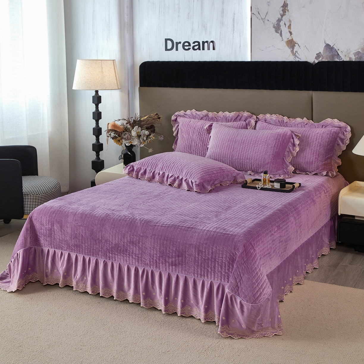 91家纺网 家纺一手货源 找家纺 青竹苑 2025新款婴儿绒宝宝绒玫瑰刺绣版床盖款四件套 慕达-紫