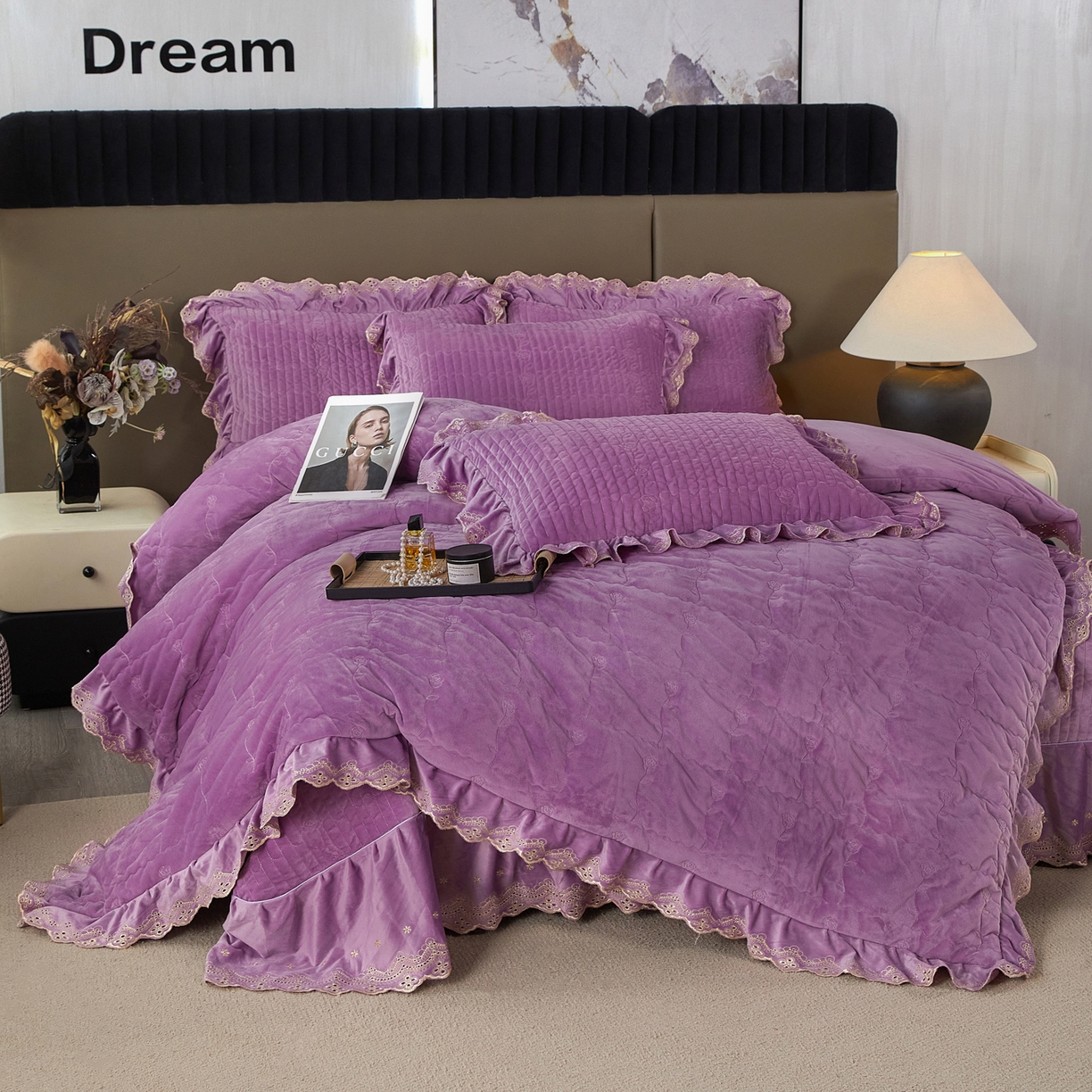 91家纺网 家纺一手货源 找家纺 青竹苑 2025新款婴儿绒宝宝绒玫瑰刺绣版床盖款四件套 慕达-紫
