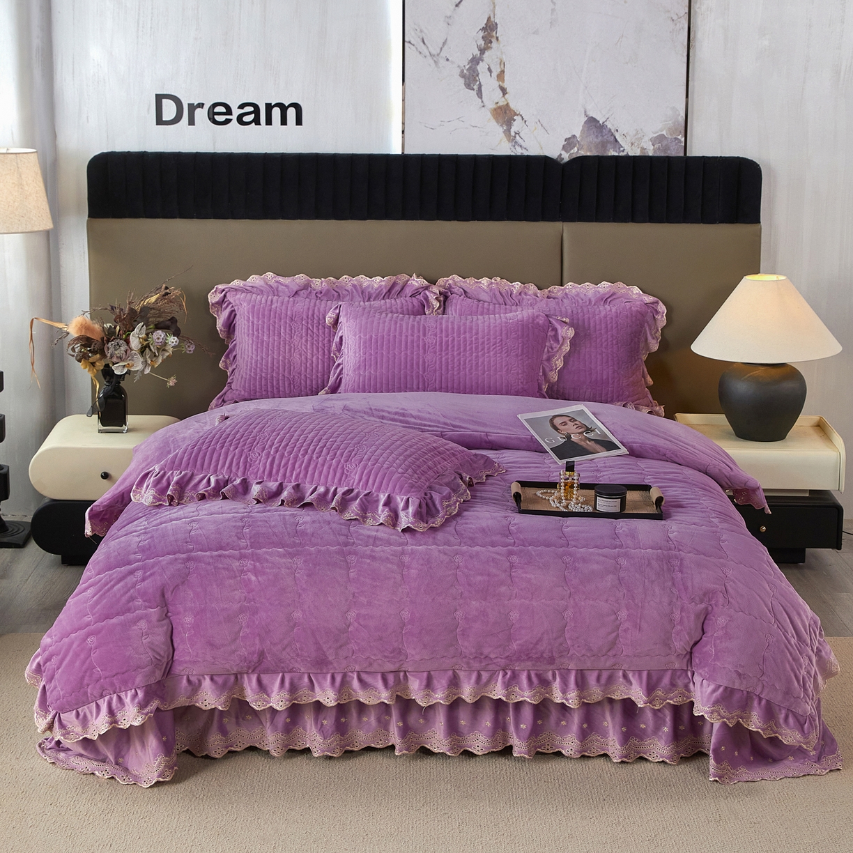 91家纺网 家纺一手货源 找家纺 青竹苑 2025新款婴儿绒宝宝绒玫瑰刺绣版床盖款四件套 慕达-紫