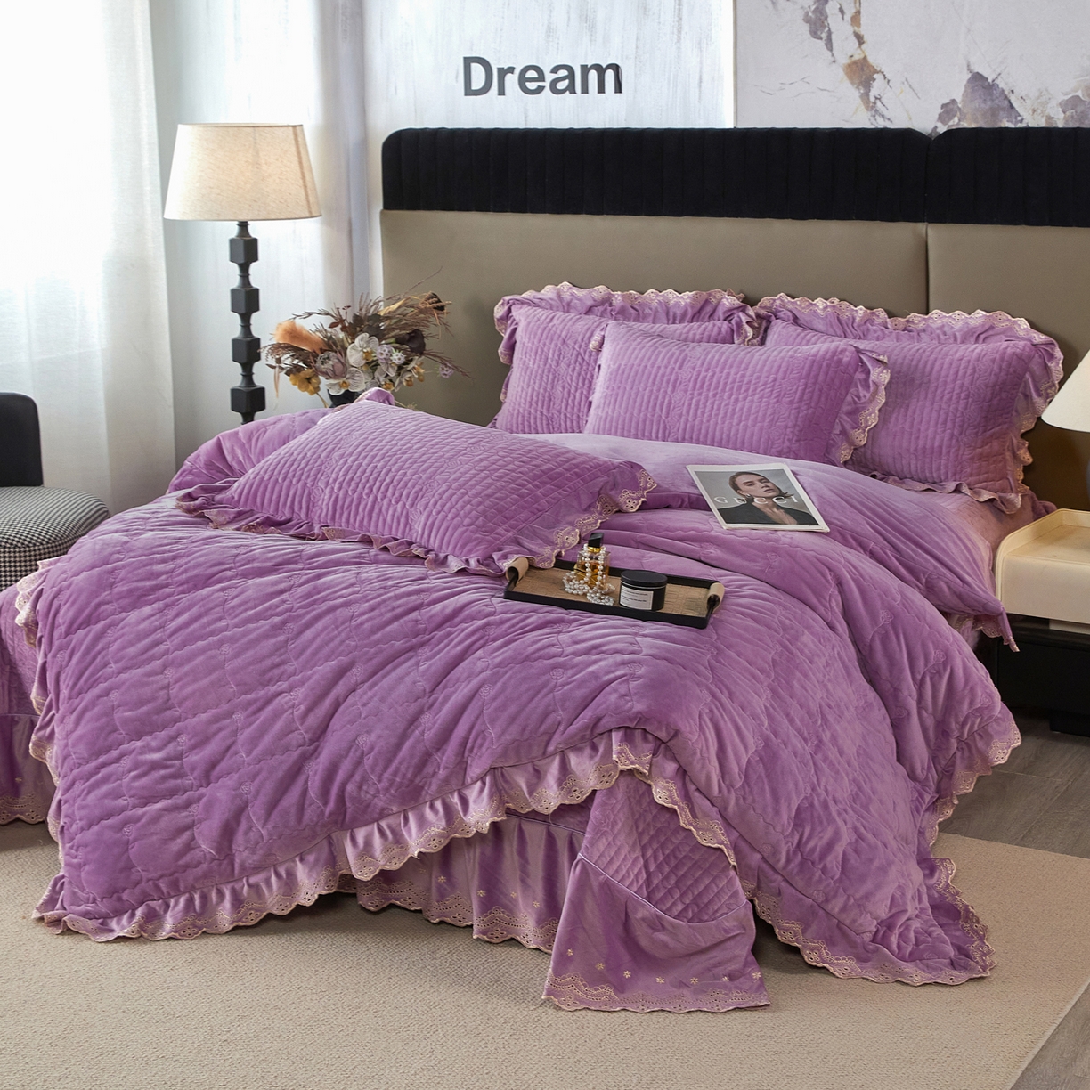 91家纺网 家纺一手货源 找家纺 青竹苑 2025新款婴儿绒宝宝绒玫瑰刺绣版床盖款四件套 慕达-紫