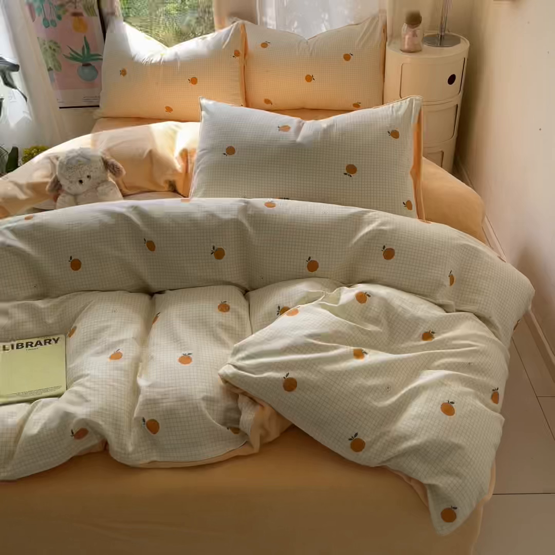 91家纺网 家纺一手货源 找家纺 瑞莱 2025新款秋冬网红款棉加绒四件套 橘子黄了