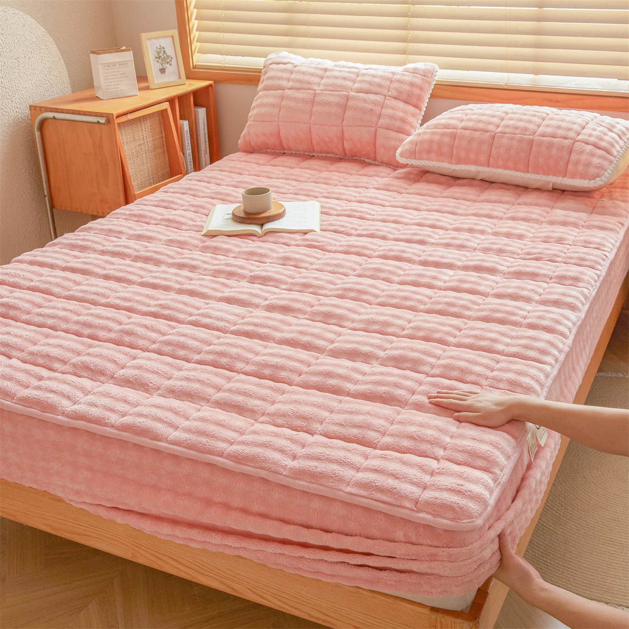 鑫顺欣 2025新款泡泡牛奶绒床笠套件三件套 玫瑰粉