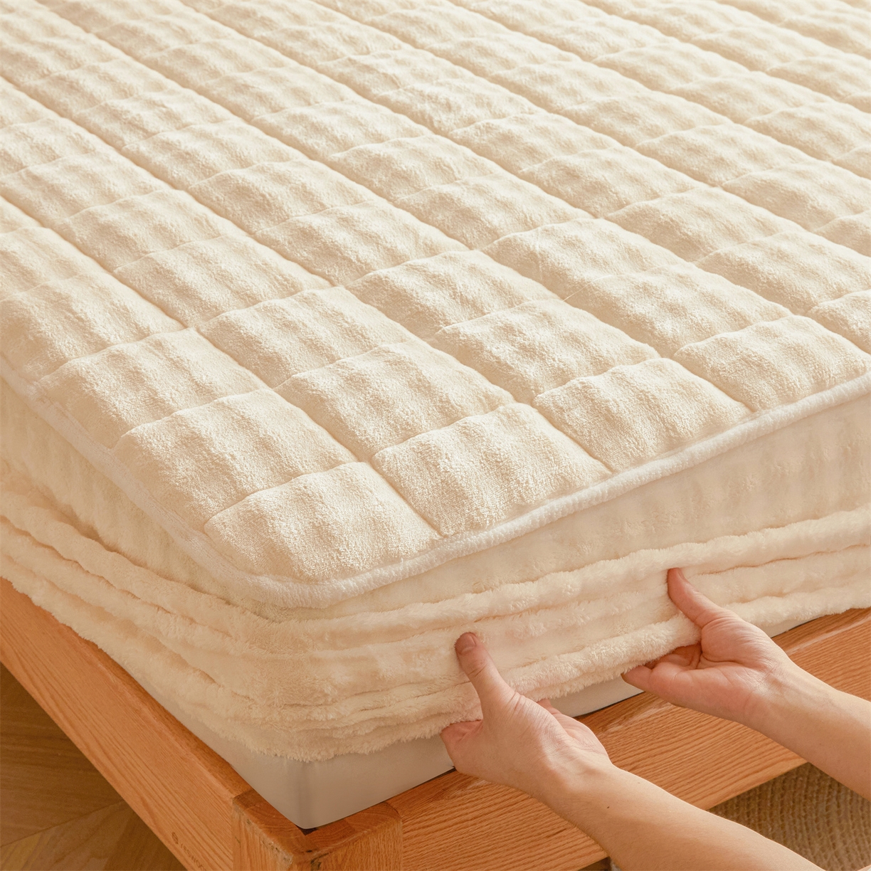 91家纺网 家纺一手货源 找家纺 鑫顺欣 2025新款泡泡牛奶绒床笠套件三件套 奶白色