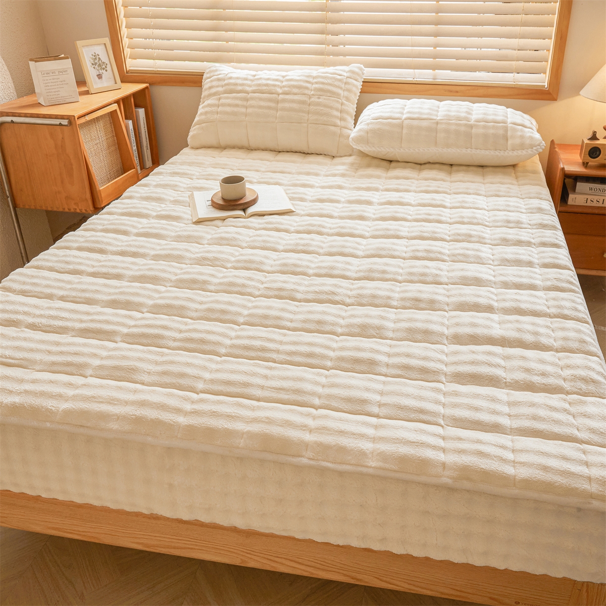 91家纺网 家纺一手货源 找家纺 鑫顺欣 2025新款泡泡牛奶绒床笠套件三件套 奶白色