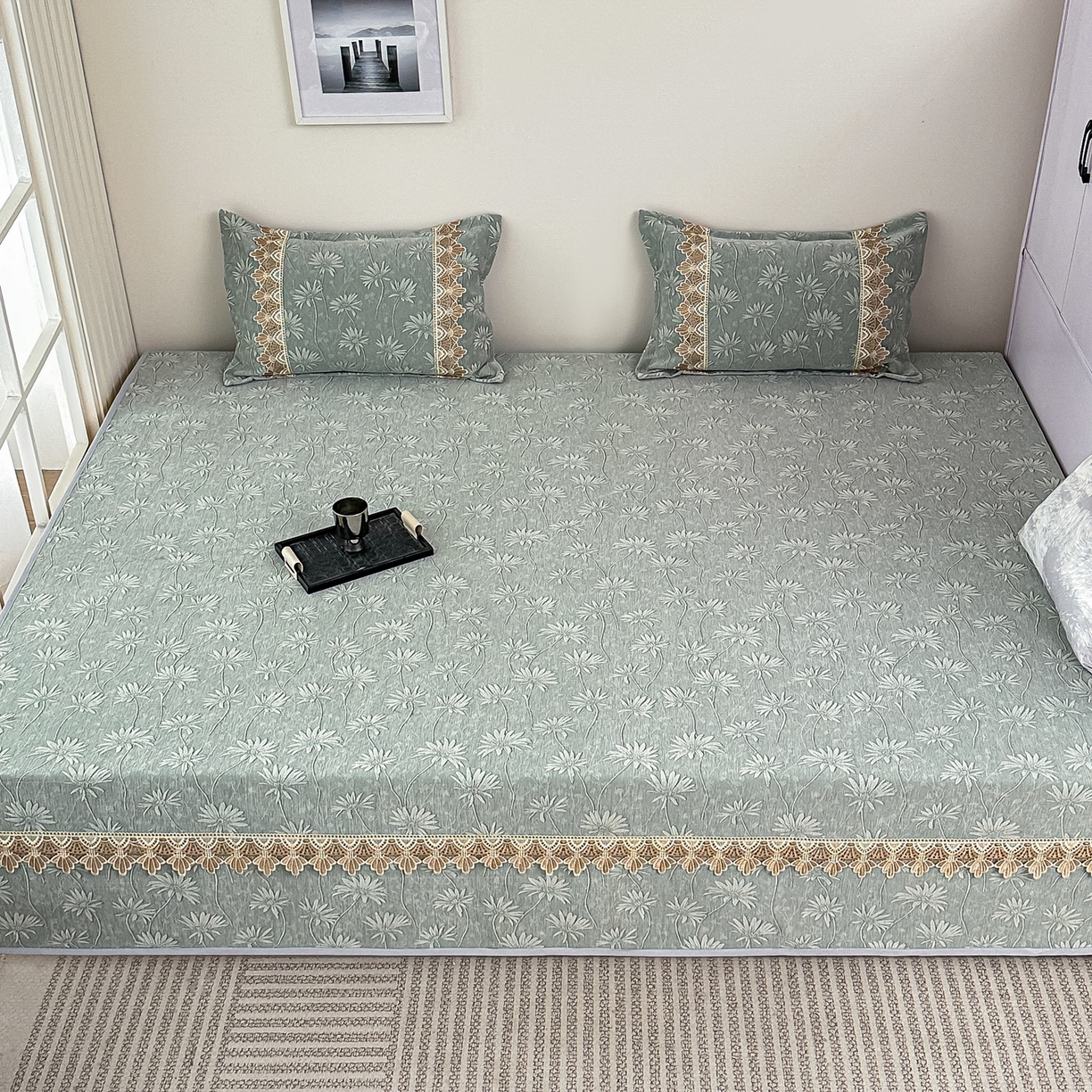 91家纺网 家纺一手货源 找家纺 手艺人家纺 2025新款雪尼尔纯色床盖炕盖-XK3800 XK3800绿