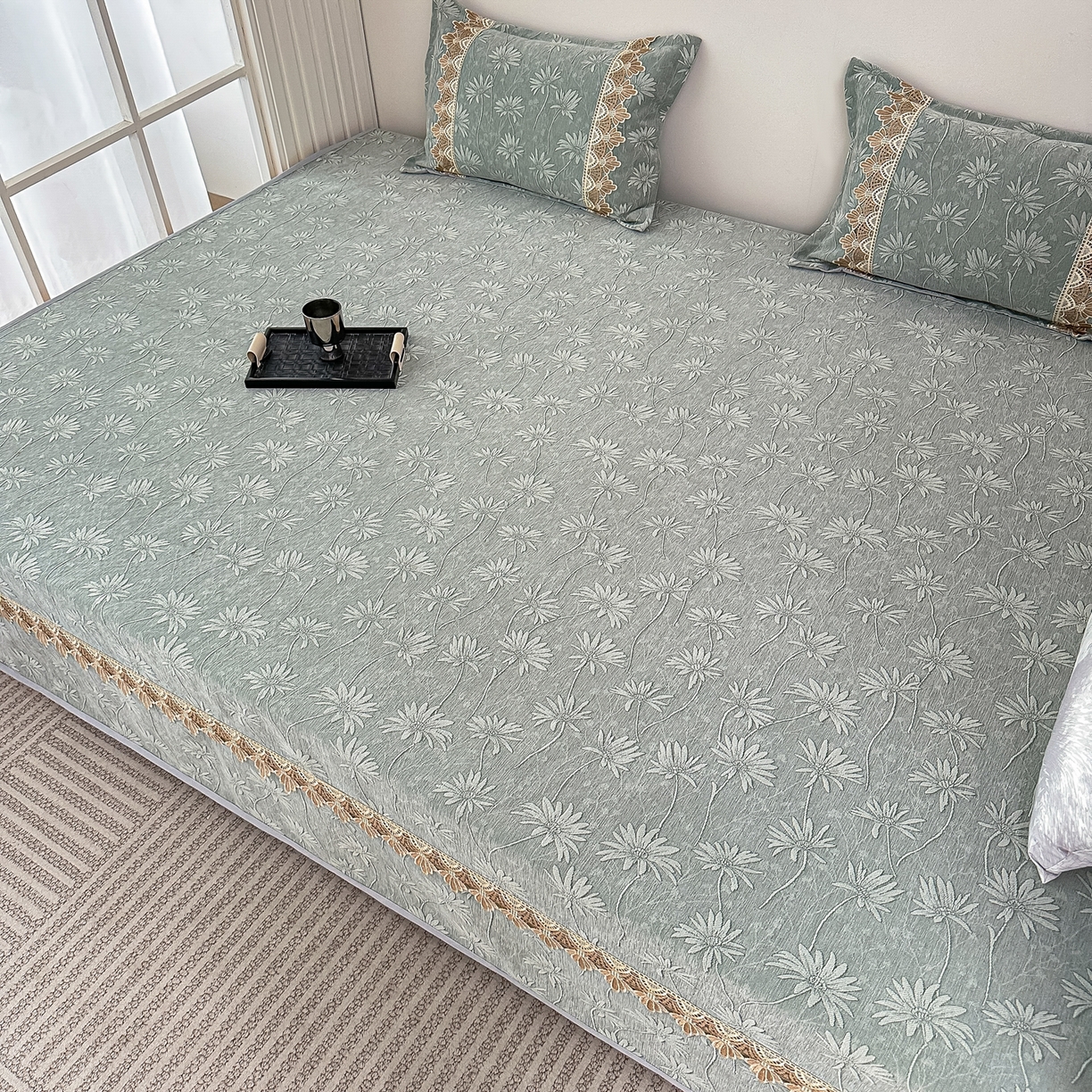 91家纺网 家纺一手货源 找家纺 手艺人家纺 2025新款雪尼尔纯色床盖炕盖-XK3800 XK3800绿