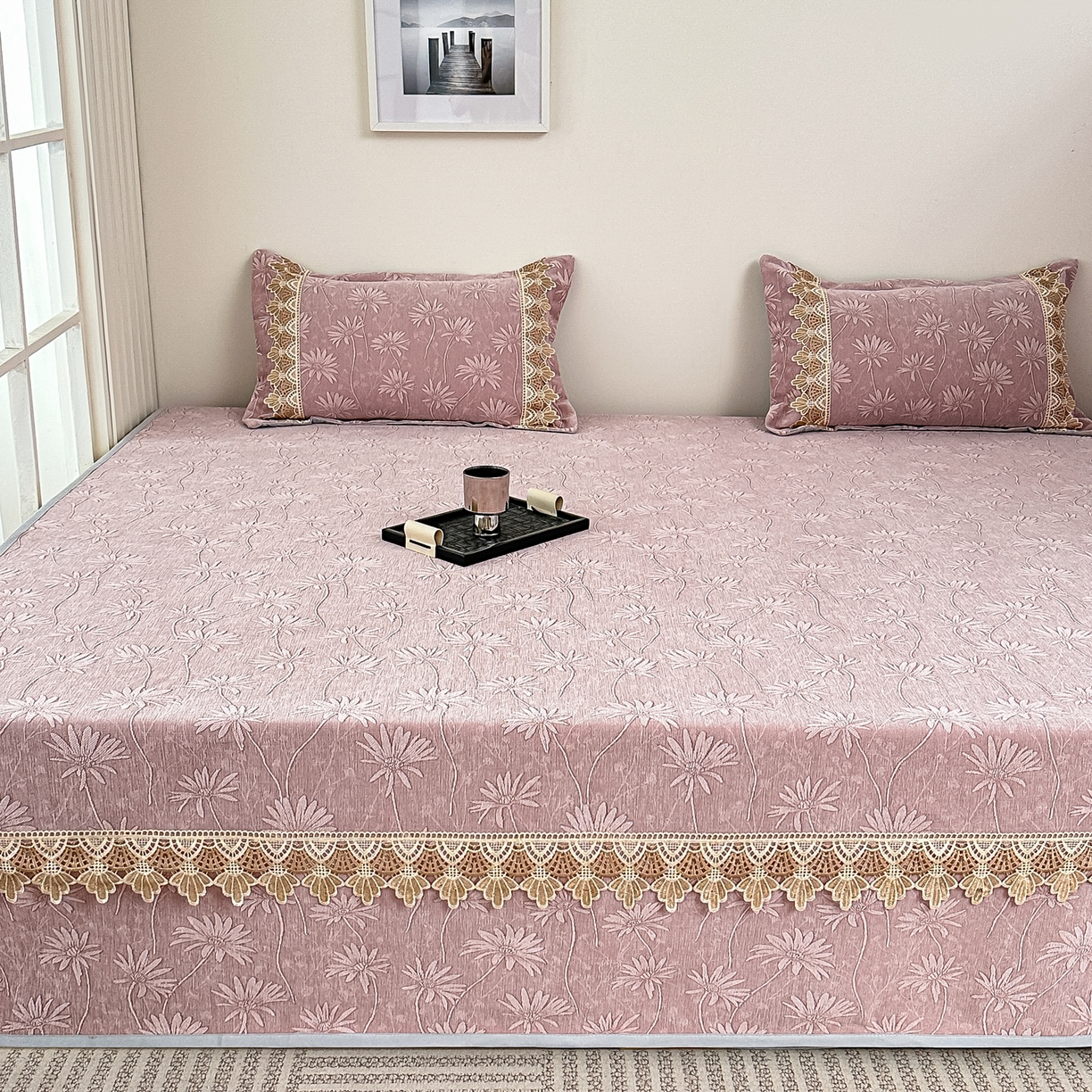 91家纺网 家纺一手货源 找家纺 手艺人家纺 2025新款雪尼尔纯色床盖炕盖-XK3800 XK3800粉