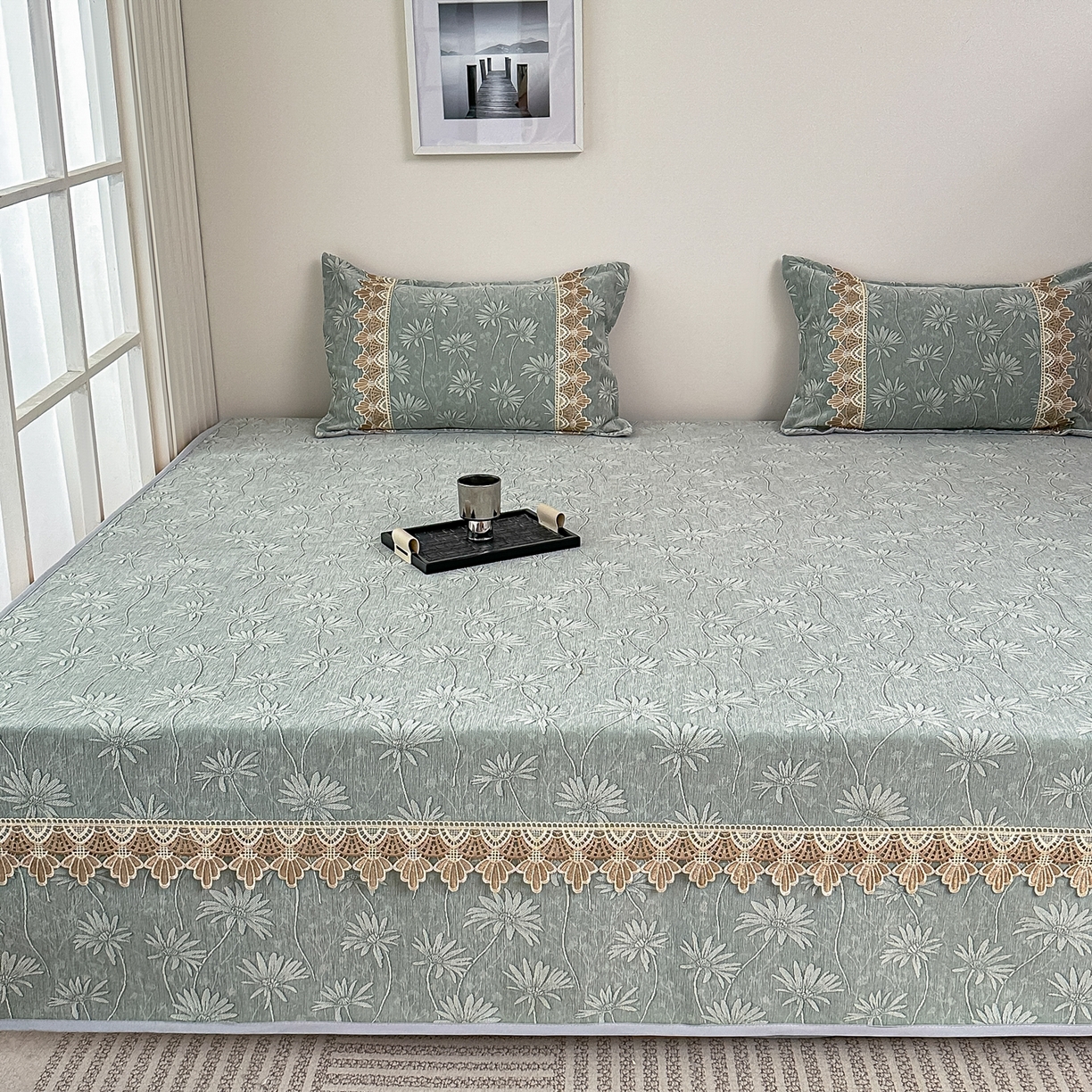 91家纺网 家纺一手货源 找家纺 手艺人家纺 2025新款雪尼尔纯色床盖炕盖-XK3800 XK3800绿