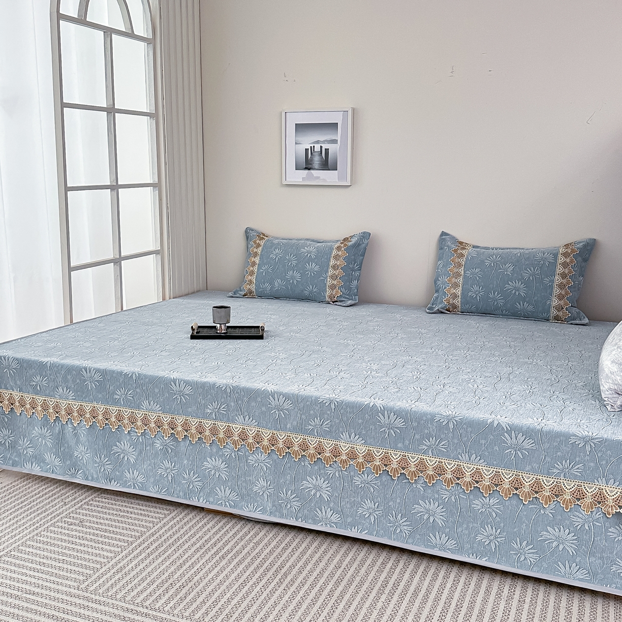 91家纺网 家纺一手货源 找家纺 手艺人家纺 2025新款雪尼尔纯色床盖炕盖-XK3800 XK3800蓝