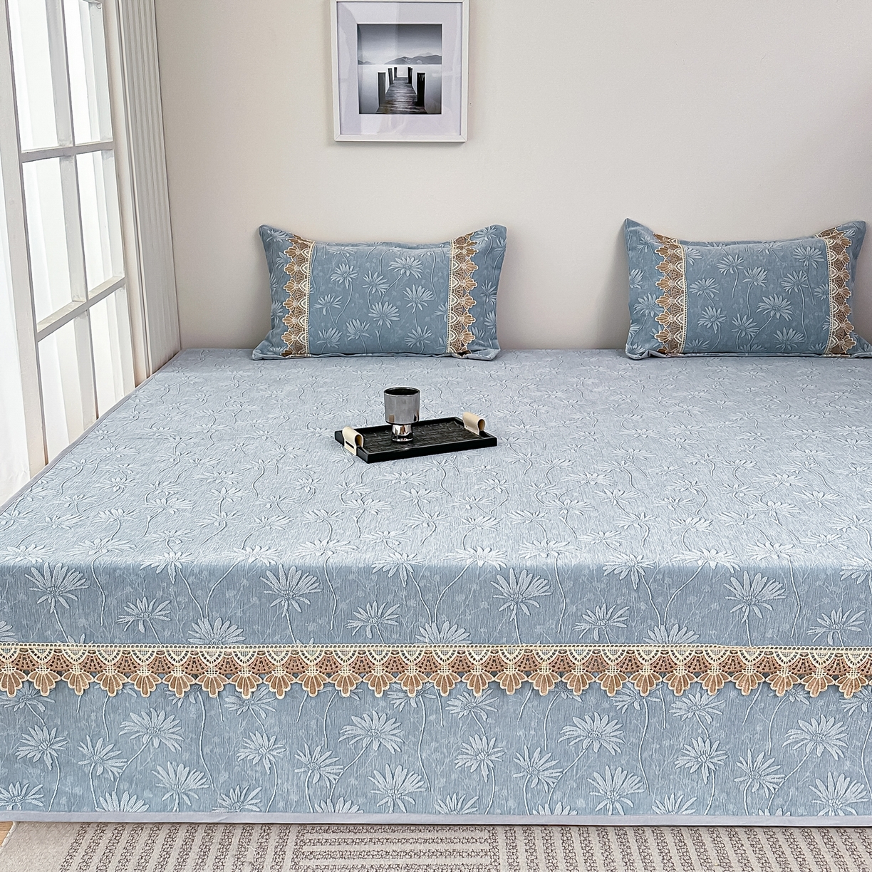 91家纺网 家纺一手货源 找家纺 手艺人家纺 2025新款雪尼尔纯色床盖炕盖-XK3800 XK3800蓝