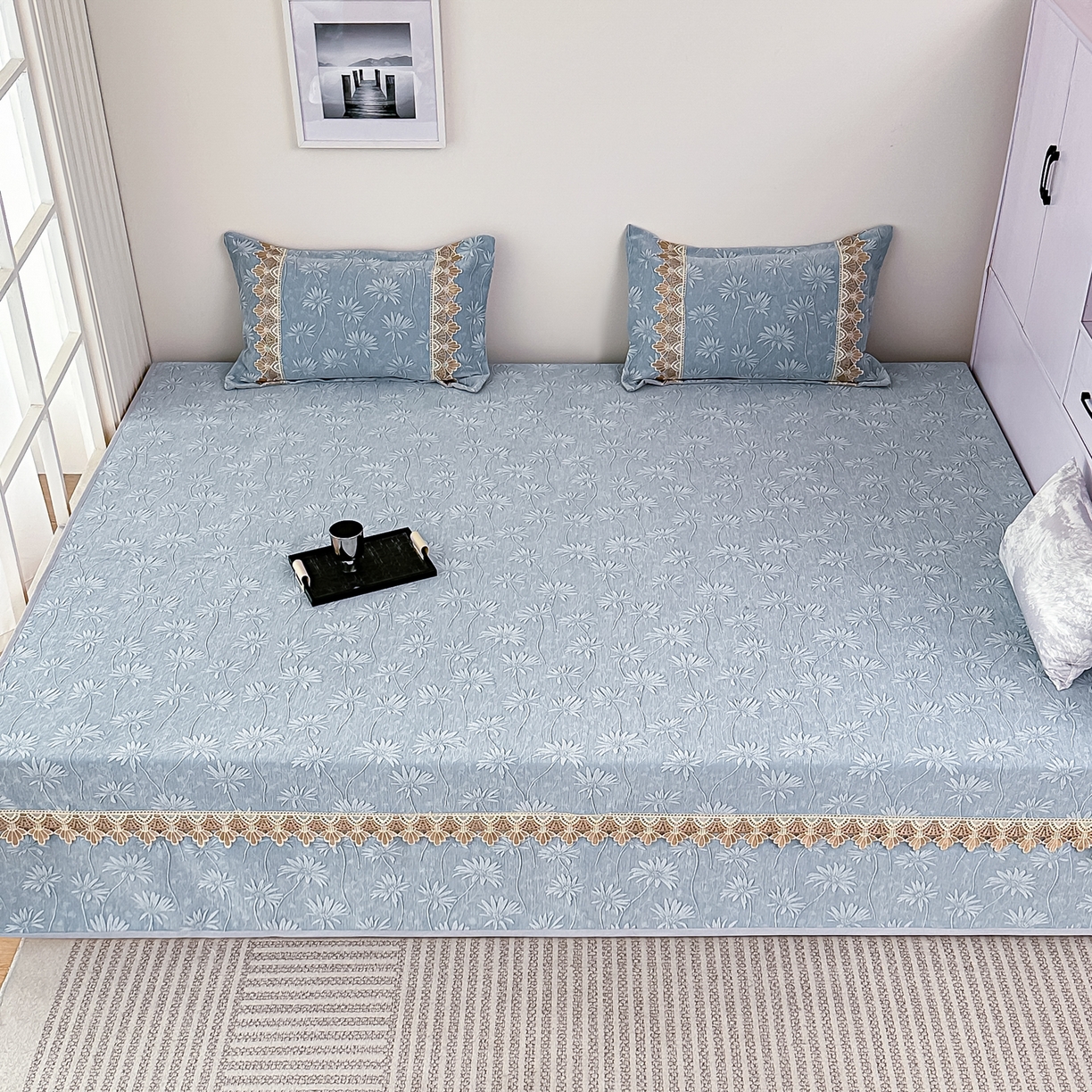 91家纺网 家纺一手货源 找家纺 手艺人家纺 2025新款雪尼尔纯色床盖炕盖-XK3800 XK3800蓝