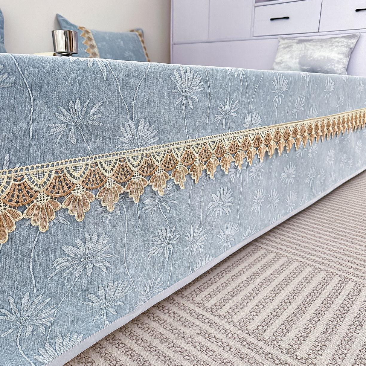 91家纺网 家纺一手货源 找家纺 手艺人家纺 2025新款雪尼尔纯色床盖炕盖-XK3800 XK3800蓝