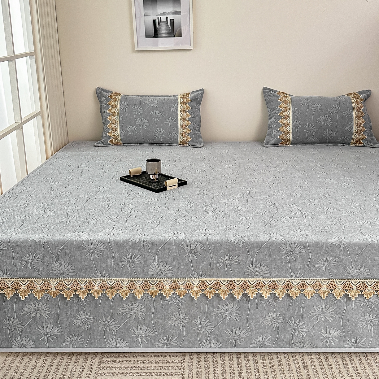 91家纺网 家纺一手货源 找家纺 手艺人家纺 2025新款雪尼尔纯色床盖炕盖-XK3800 XK3800灰