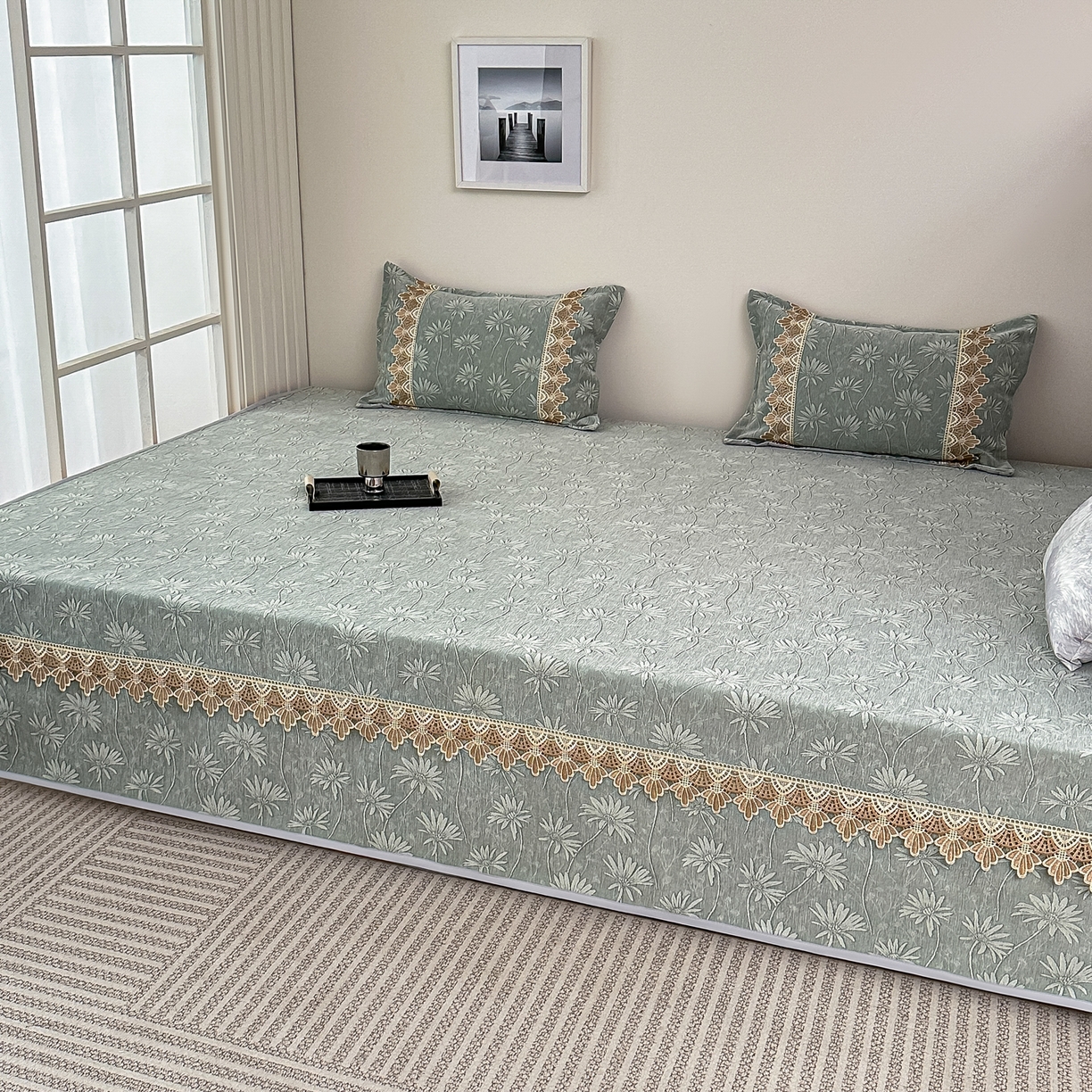 91家纺网 家纺一手货源 找家纺 手艺人家纺 2025新款雪尼尔纯色床盖炕盖-XK3800 XK3800绿