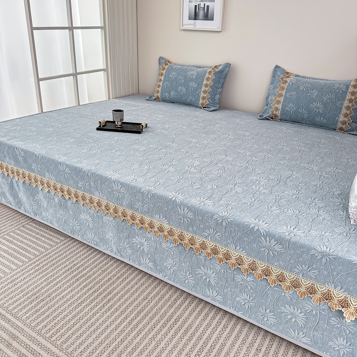 91家纺网 家纺一手货源 找家纺 手艺人家纺 2025新款雪尼尔纯色床盖炕盖-XK3800 XK3800蓝