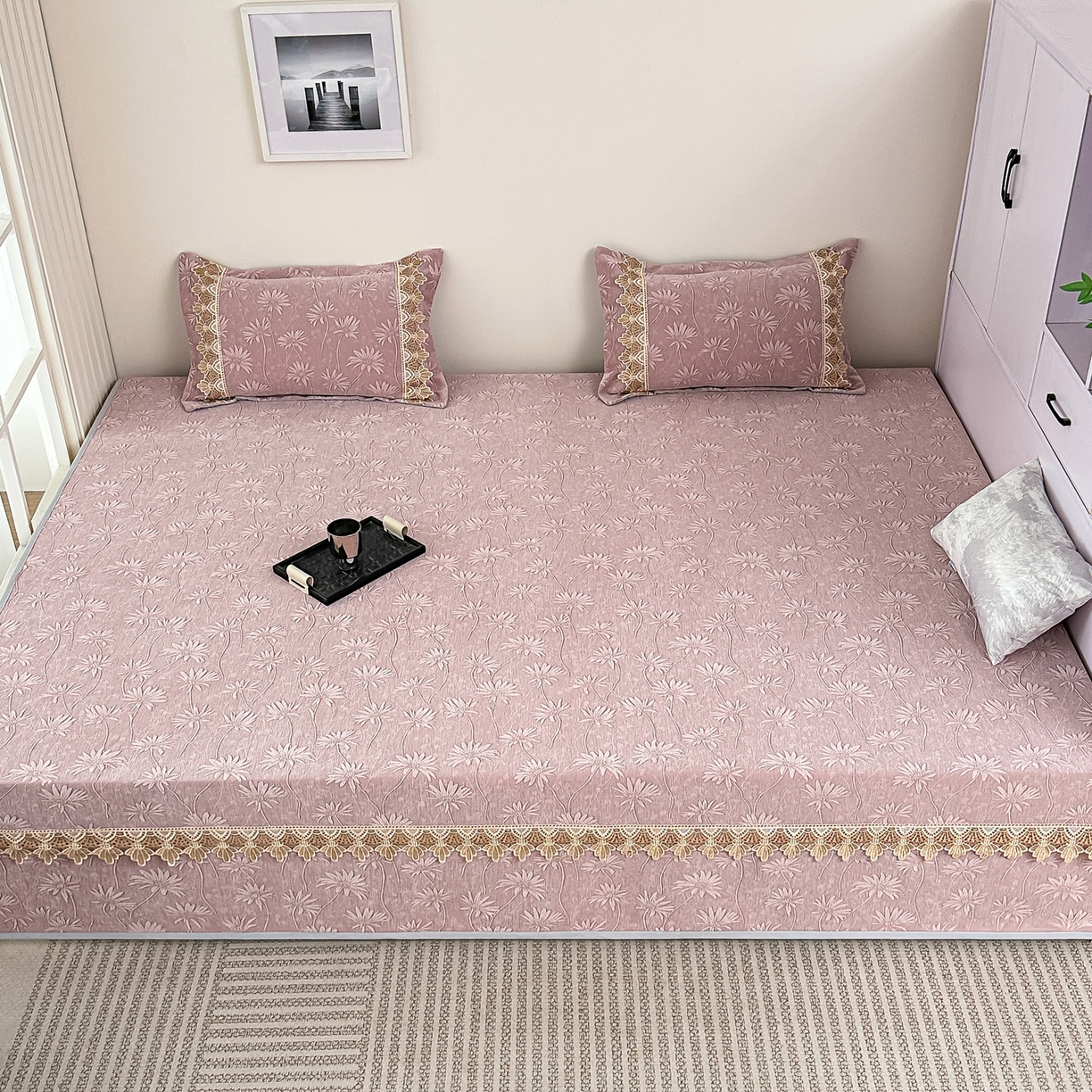 91家纺网 家纺一手货源 找家纺 手艺人家纺 2025新款雪尼尔纯色床盖炕盖-XK3800 XK3800粉