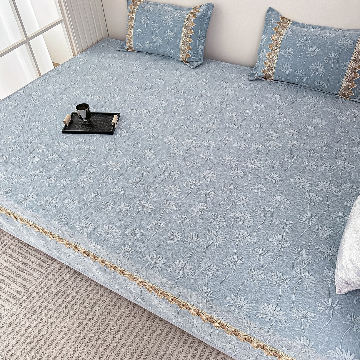 91家纺网 家纺一手货源 找家纺 手艺人家纺 2025新款雪尼尔纯色床盖炕盖-XK3800 XK3800蓝