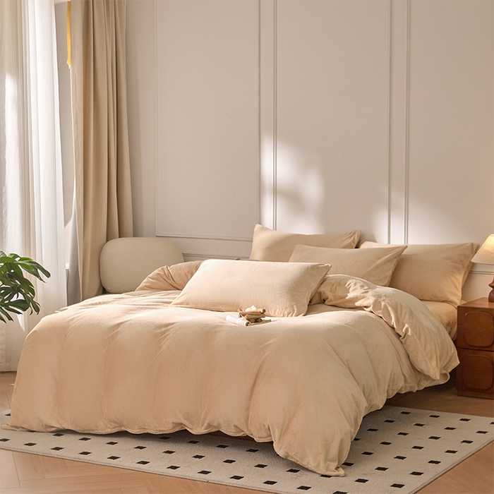 91家纺网 家纺一手货源 找家纺 618家纺 2025新款樱花绒单品四件套系列-四件套 奶咖