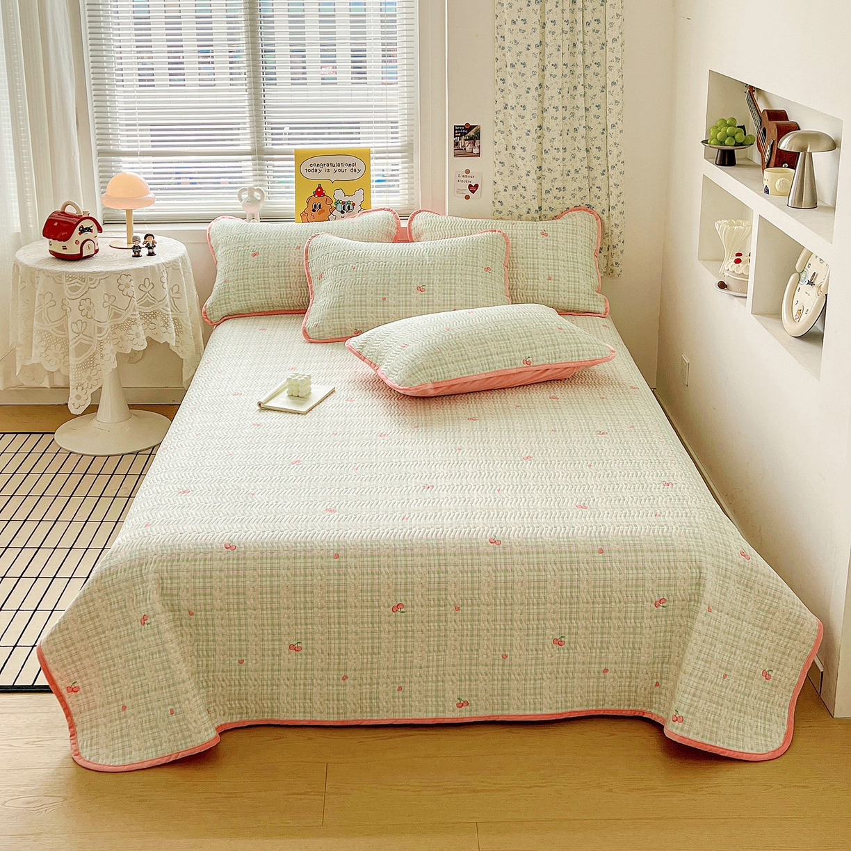 91家纺网 家纺一手货源 找家纺 梦精灵 2025新款棉加绒床盖全棉学生床夹棉床盖双面可用纯棉床单（棉加绒枕套） 棉加绒-薄荷樱桃