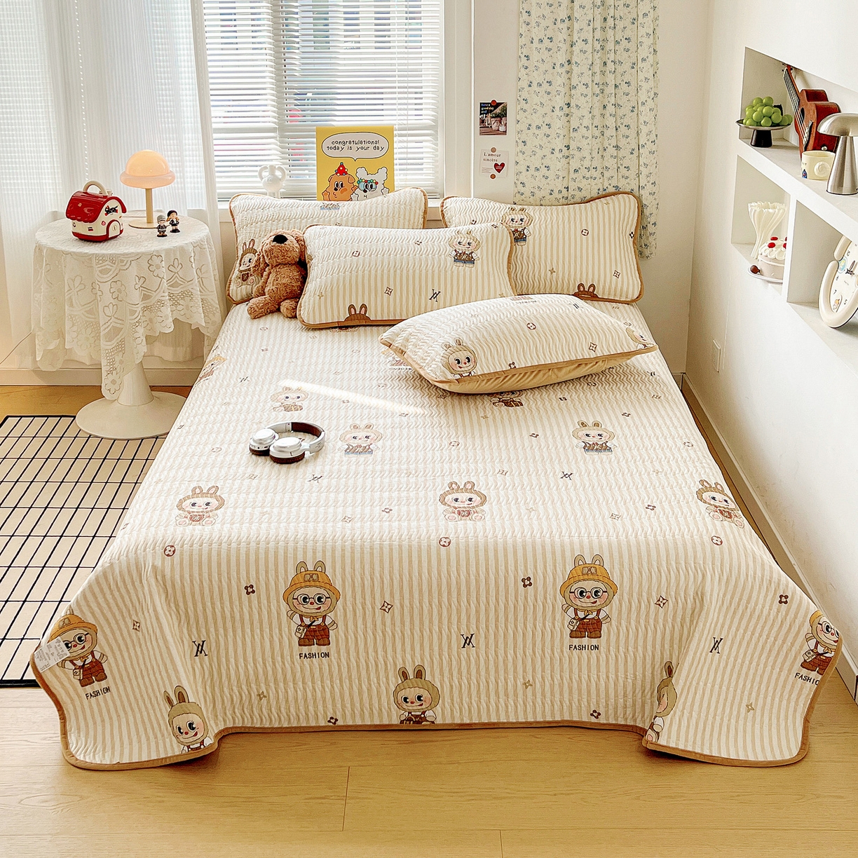 91家纺网 家纺一手货源 找家纺 梦精灵 2025新款棉加绒床盖全棉学生床夹棉床盖双面可用纯棉床单（棉加绒枕套） 棉加绒-潮牌咘咘