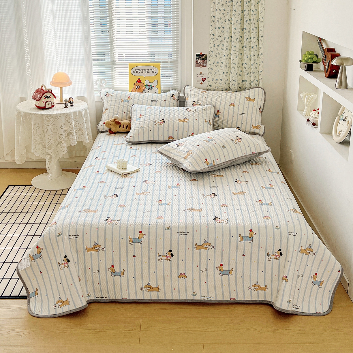 91家纺网 家纺一手货源 找家纺 梦精灵 2025新款棉加绒床盖全棉学生床夹棉床盖双面可用纯棉床单（棉加绒枕套） 棉加绒-糖纸童年