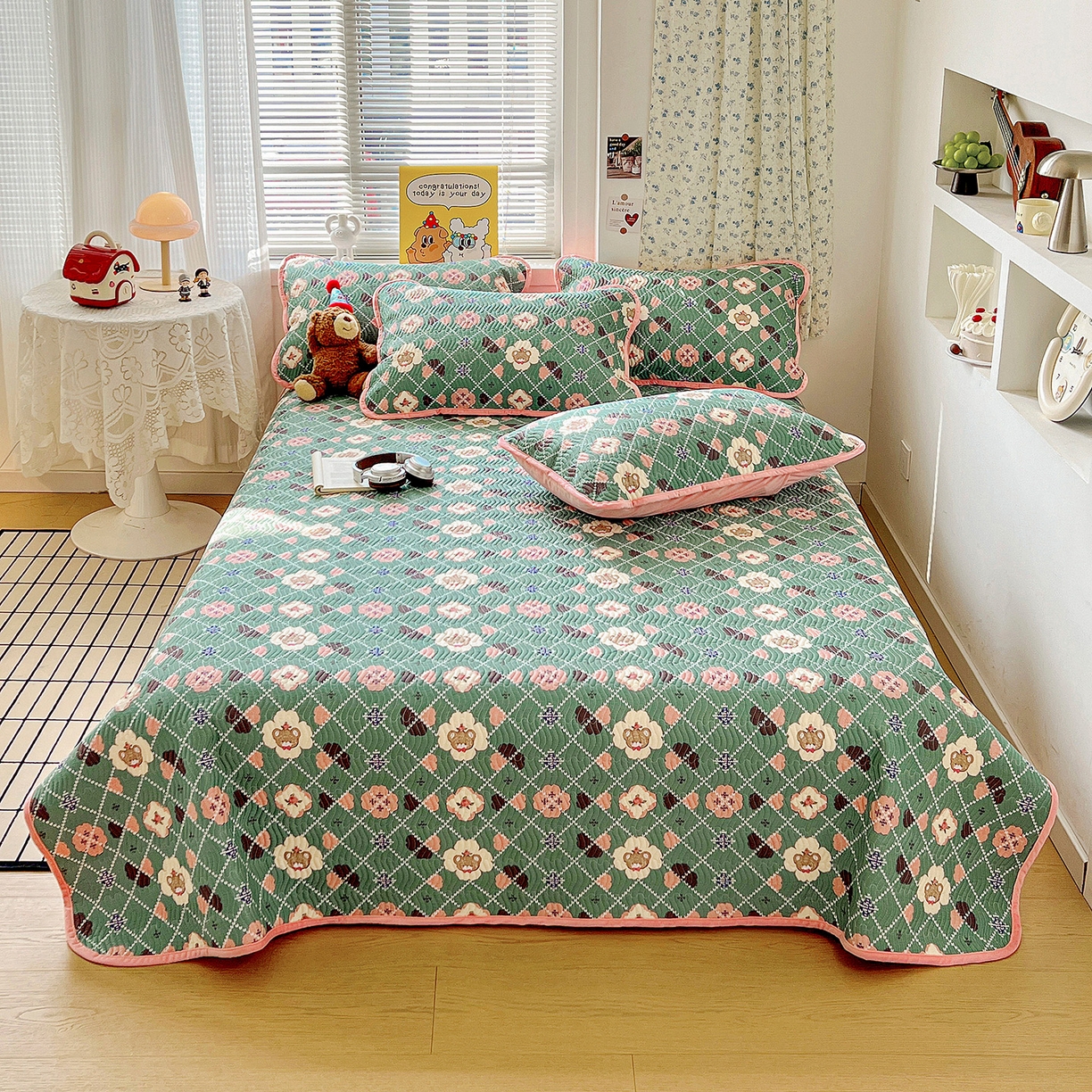 91家纺网 家纺一手货源 找家纺 梦精灵 2025新款棉加绒床盖全棉学生床夹棉床盖双面可用纯棉床单（棉加绒枕套） 棉加绒-樱花小熊