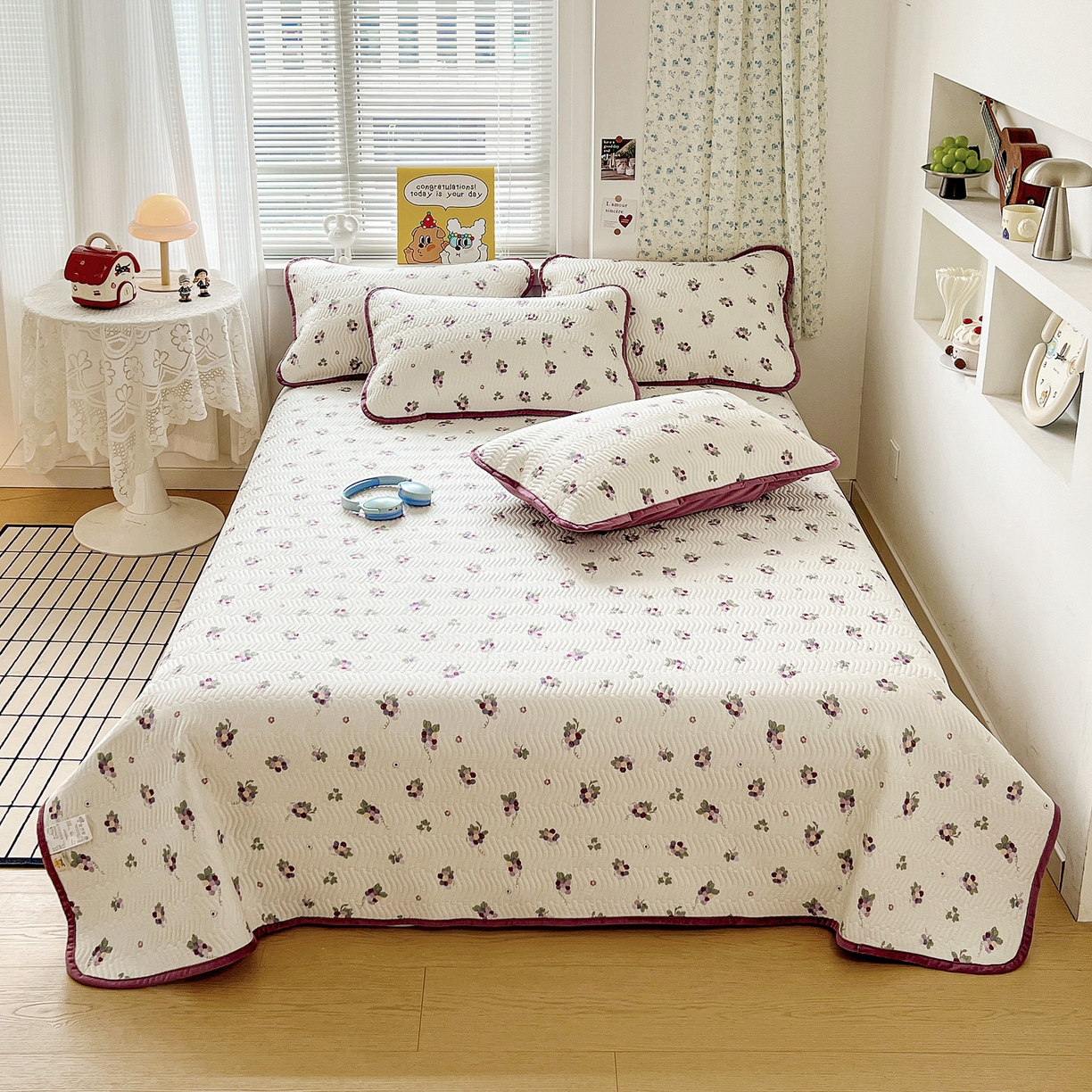 91家纺网 家纺一手货源 找家纺 梦精灵 2025新款棉加绒床盖全棉学生床夹棉床盖双面可用纯棉床单（棉加绒枕套） 棉加绒-紫葡萄