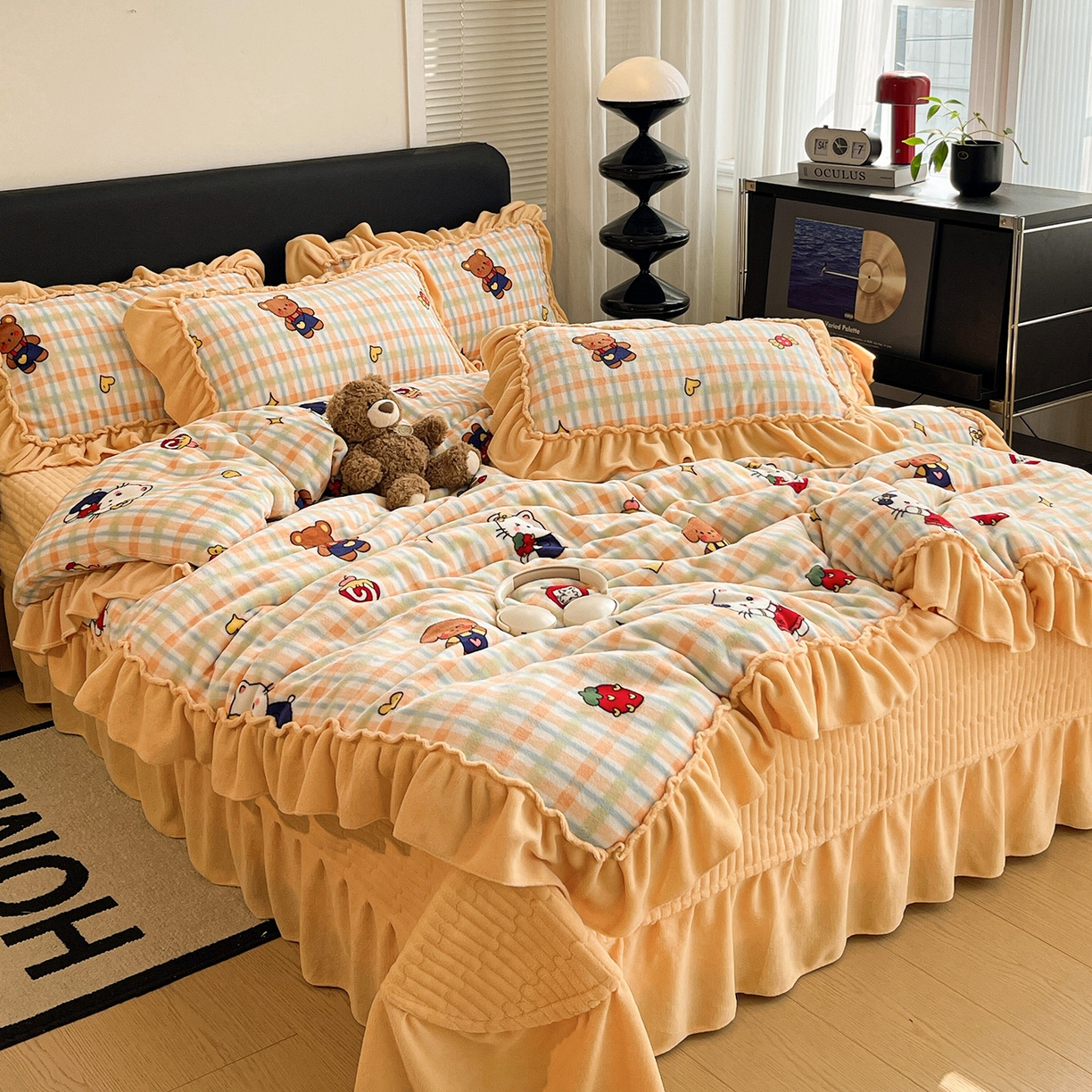 富米莱（原臻工厂） 2025新款热卖舒适大宽花边牛奶绒床盖床裙四件套 爆款大宽花边-草莓喵喵