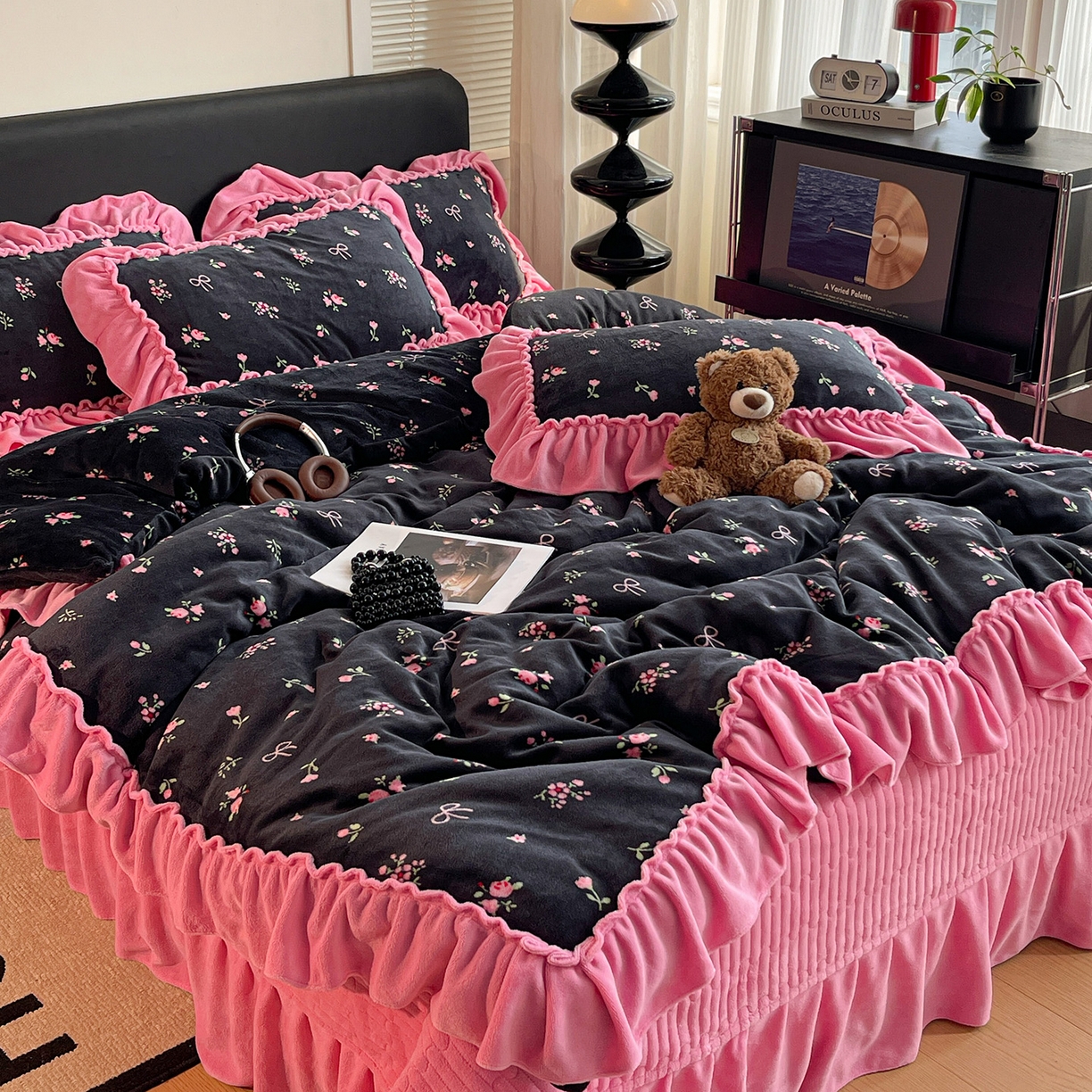 富米莱（原臻工厂） 2025新款热卖舒适大宽花边牛奶绒床盖床裙四件套 爆款大宽花边-乌梅子酱