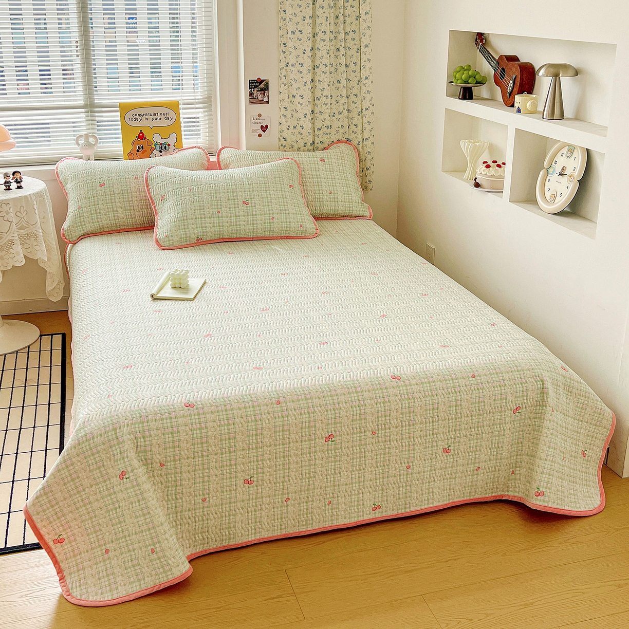 91家纺网 家纺一手货源 找家纺 梦精灵 2025新款棉加绒床盖全棉学生床夹棉床盖双面可用纯棉床单（棉加绒枕套） 棉加绒-薄荷樱桃