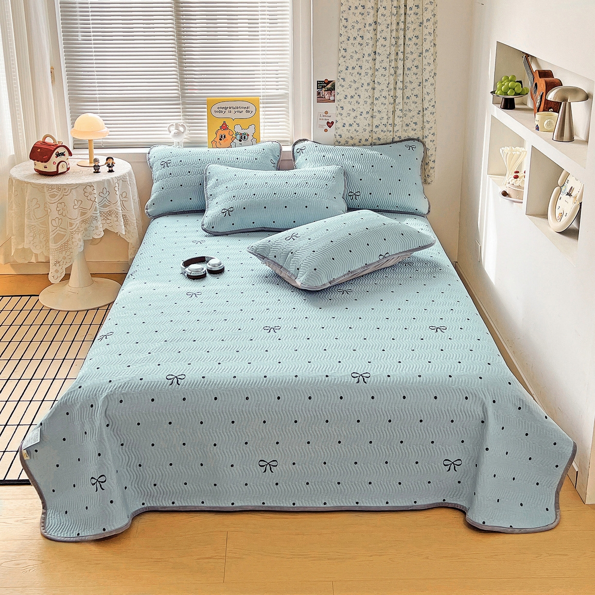 91家纺网 家纺一手货源 找家纺 梦精灵 2025新款棉加绒床盖全棉学生床夹棉床盖双面可用纯棉床单（棉加绒枕套） 棉加绒-波点蝴蝶结