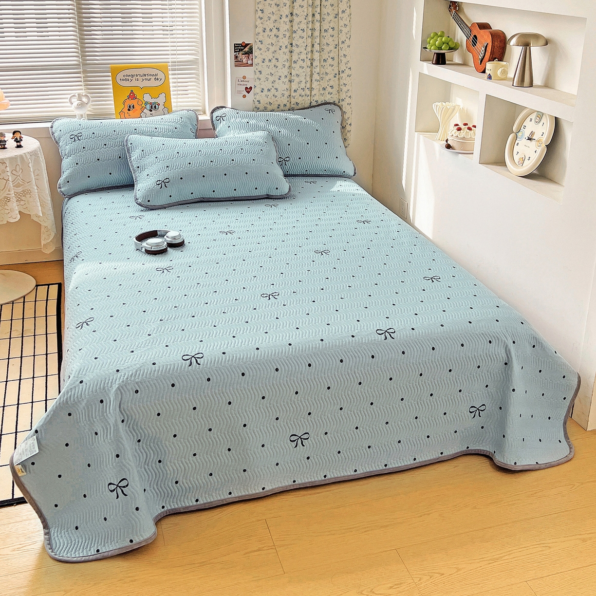 91家纺网 家纺一手货源 找家纺 梦精灵 2025新款棉加绒床盖全棉学生床夹棉床盖双面可用纯棉床单（棉加绒枕套） 棉加绒-波点蝴蝶结